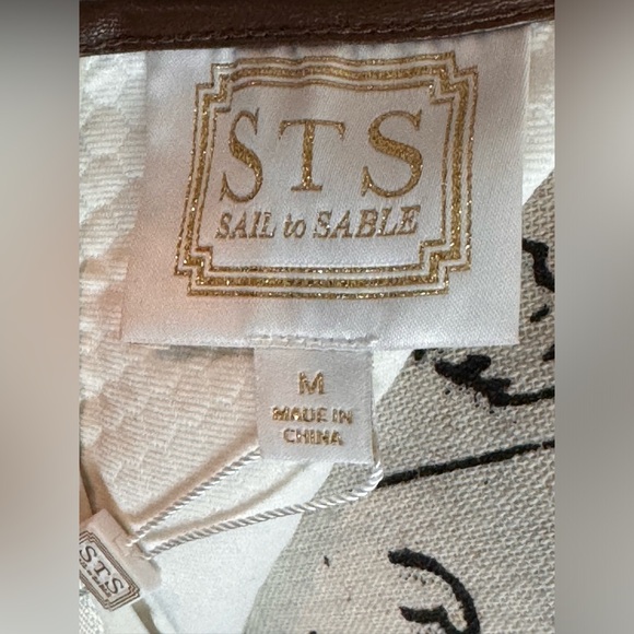 STS Sail to Sable Ivory Bell Sleeve Top 3/4 Sleeve Detailing Brown Trim Top Sz M - Picture 7 of 8